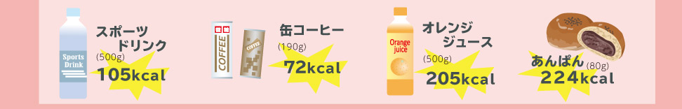 スポーツドリンク(500g)105kcal、缶コーヒー(190g)72kcal、オレンジジュース(500g)205kcal、あんぱん(80g)224kcal